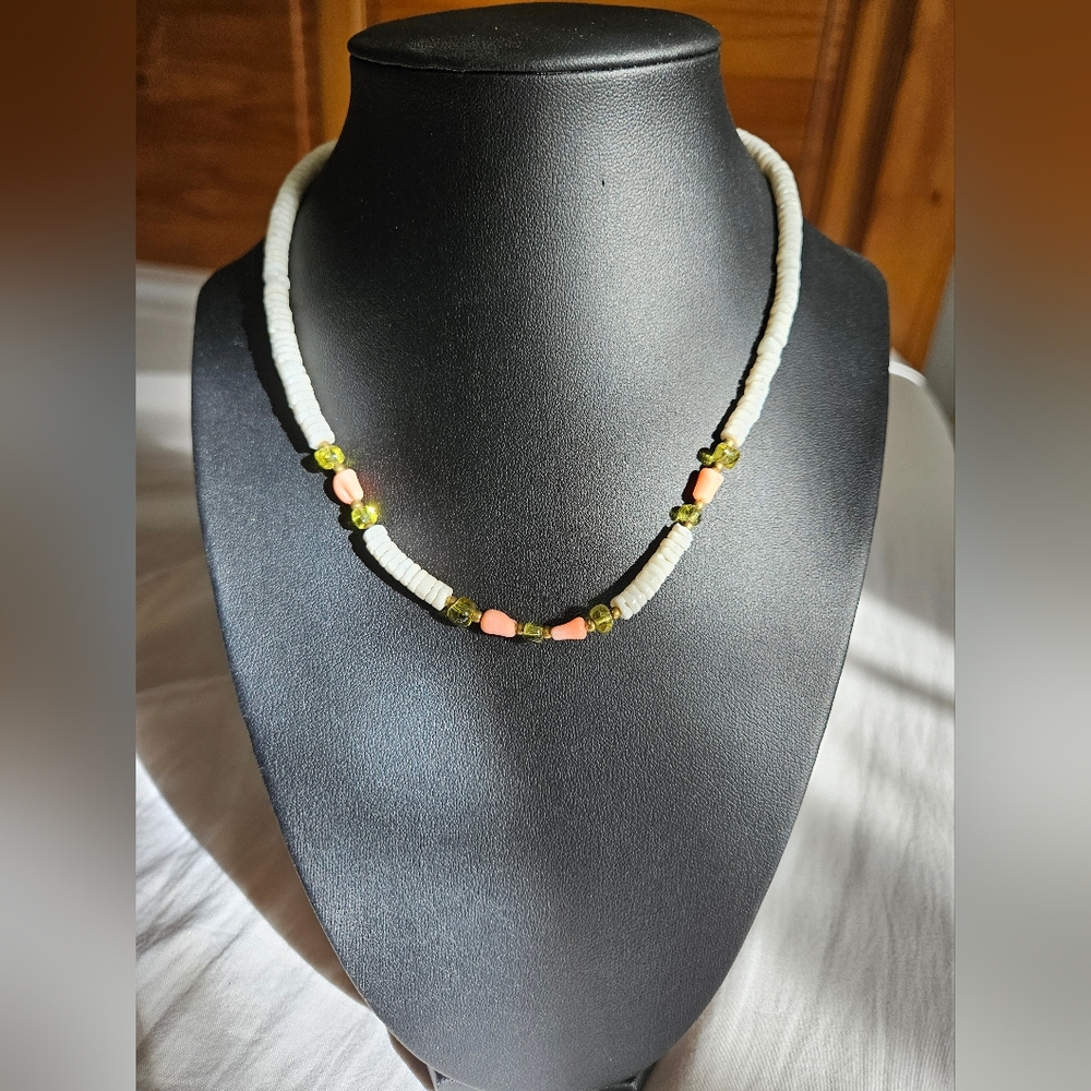 Elegant White and Green Beaded Necklace